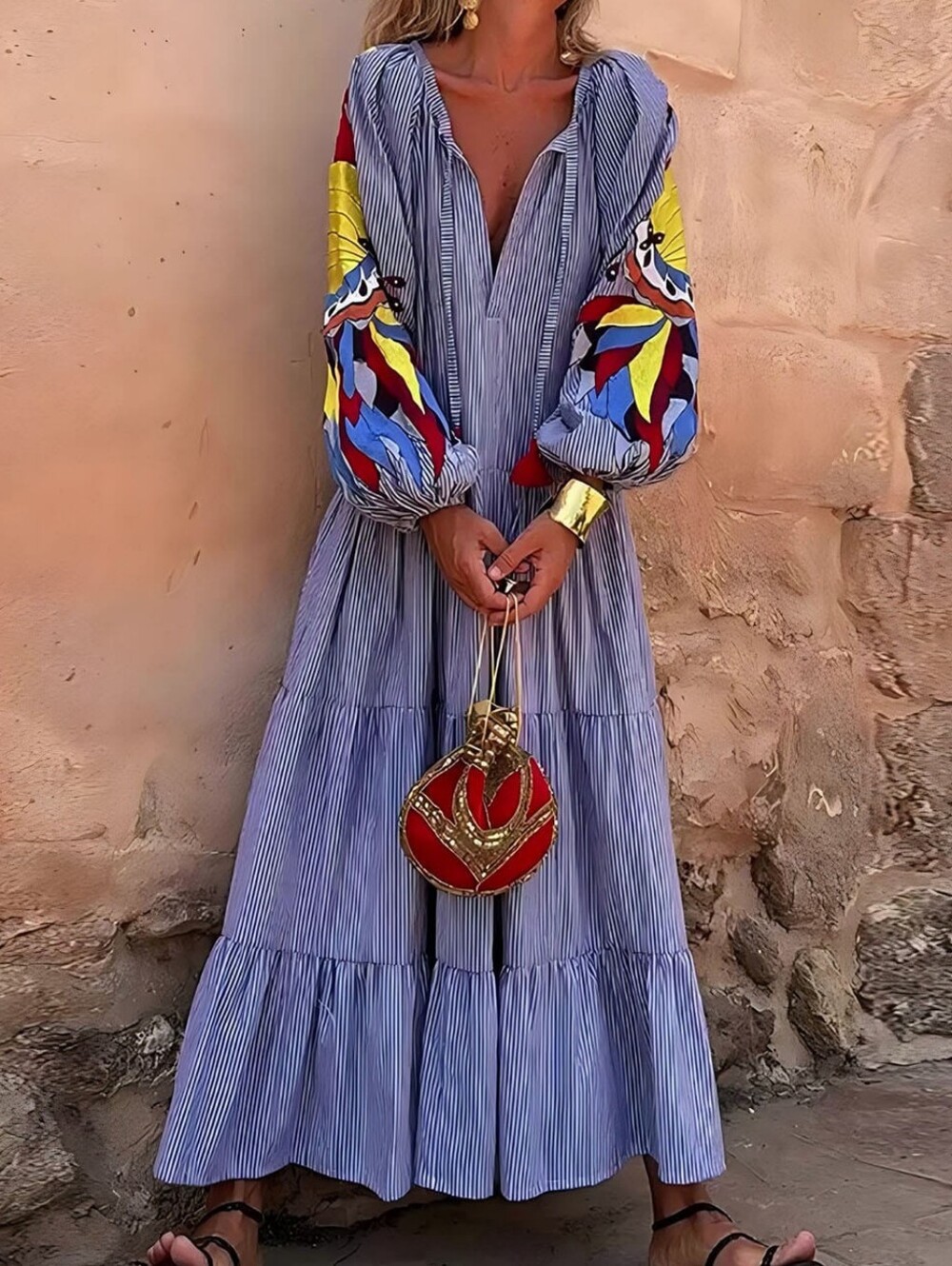 Boho Floral Puff Sleeve Maxi Dress For Women Loose Fit Bohemian Flowy Tiered